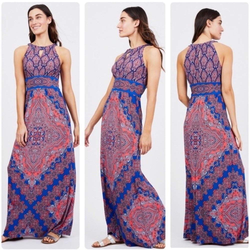 London Times Sleeveless Maxi Dress Sz 20W Keyhole Neckline Orange/Blue Design